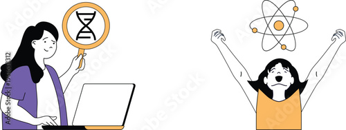 Woman showing dna discovery while student celebrates scientific breakthrough with arms raised joyfully