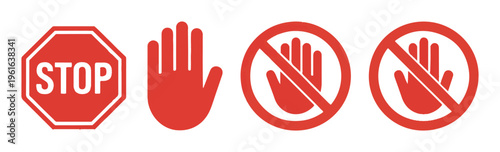 Red stop sign hand and prohibition hand icons isolated on white background vector graphics.