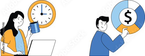 Two professionals balancing work time and financial management in a modern office setting