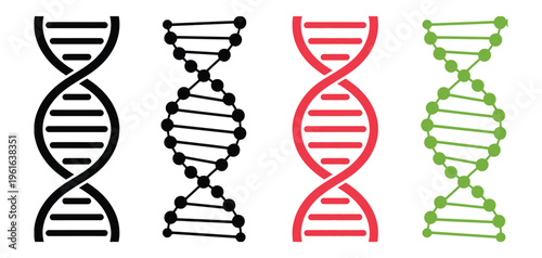 DNA double helix vector icons, modern scientific icon set illustrating genetic code, biotechnology, and life science concepts for medical, research, and educational design, vector illustration.