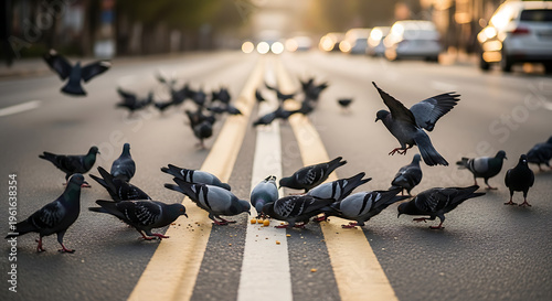 Urban feral pigeons flocking together on a paved city street to scavenge for scattered birdseed and spilled grains illuminated by soft golden morning sunlight in a busy metropolitan area.