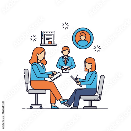 Detailed flat vector illustration of two women in a psychological counseling session holding clipboards, with icons for patient profiles, medical documents, and emotional support.