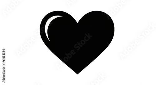 Single black heart shape with a white curved highlight glint on the upper left side, isolated on a white background. Minimalist graphic symbol for love, romance, and digital design.