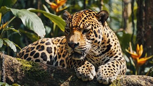 Majestic jaguar resting on a mossy log in lush jungle foliage