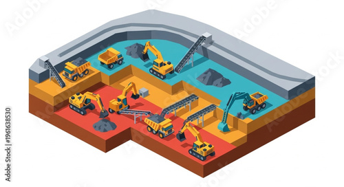 Isometric Mining Operation Illustration with Heavy Machinery.