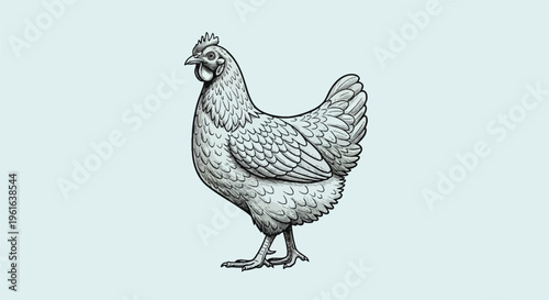 Detailed black and white vector sketch of a standing hen chicken in profile view featuring intricate feather patterns, beak, comb, and wattle, rendered in a vintage engraving style.