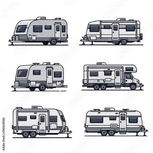 Set of six vector illustrations featuring various recreational vehicles, travel trailers, and motorhomes in a flat side view profile isolated on a plain white background.