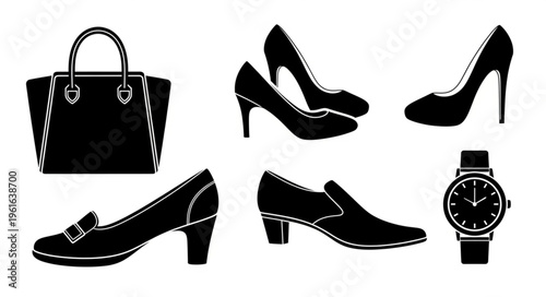 Elegant Fashion Accessories - Handbag, Heels, Loafers, and Watch.