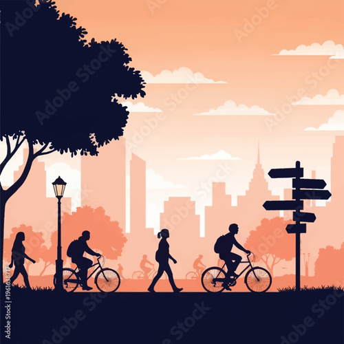 Silhouette vector illustration of people walking and riding bicycles through an urban park at sunset featuring a city skyline, trees, street lamp, and multi-directional signpost.