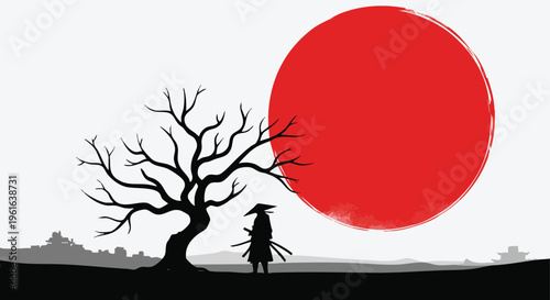 Warrior silhouette standing beneath a barren tree with a large red sun in a minimalist Japanese landscape for design elements