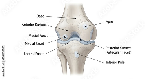 Detailed anatomical illustration of the human patella and knee joint surfaces, showing base, apex, anterior and posterior articular surfaces with clearly labeled medial and lateral facets for medical 