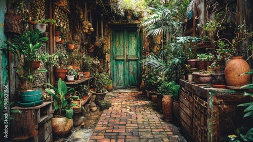Lush collection of potted plants lines a narrow outdoor passage leading to a weathered wooden doorway