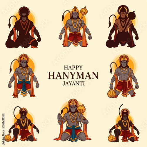 Vector illustration set of Lord Hanuman for Hanuman Jayanti, featuring multiple poses of the Hindu monkey god with gada mace, wearing traditional orange dhotis and golden crowns.