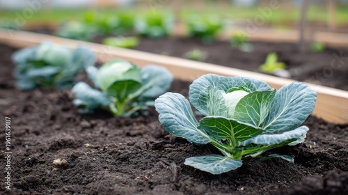 Young cabbage plants mature in rich, dark soil within a raised garden bed structure