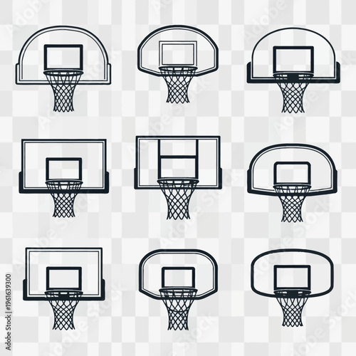 Set of nine basketball hoop and backboard vector line icons featuring various shapes including rectangular, arched, and rounded styles with rims and nets on a transparent background.