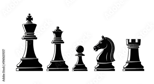 Set of black chess pieces vector icons including king queen pawn knight and rook isolated on white background for game design strategy and competition concept illustrations.