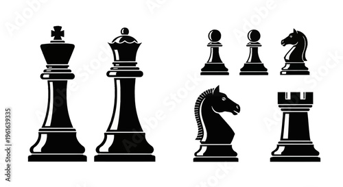 Collection of black chess piece vector icons including king, queen, knight, rook, and pawns isolated on a white background for strategy game design and board game elements.