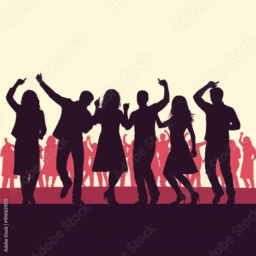 Silhouette of diverse group of people dancing together at a music event or nightclub party, featuring men and women in various poses against a layered background of a large crowd.