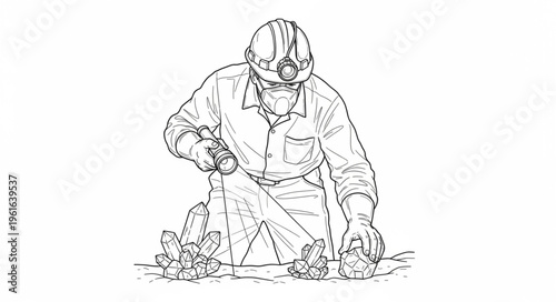 Person in protective suit working with equipment, detailed line art.