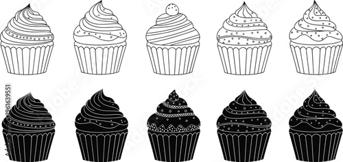 Bild auf Leinwand Cupcake vector set with black and white line art and solid silhouettes for color