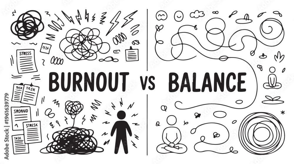 Naklejka premium Burnout Vs Balance Concept Illustration For Mental Health And Wellness Campaigns