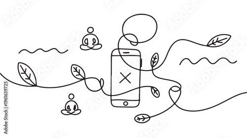 Smartphone with X on screen surrounded by leafy vines and meditating people for digital detox and mindfulness concepts