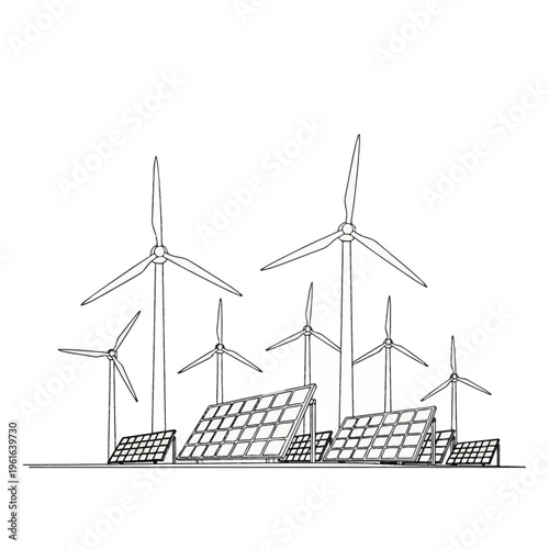 Continuous line drawing of multiple wind turbines and solar panel arrays on a flat horizon, depicting renewable energy infrastructure in a minimalist black and white vector style.
