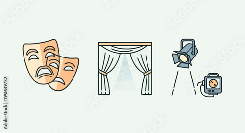 Theater Masks, Stage Curtains, Spotlight, Camera Icon: Performance Art Concept