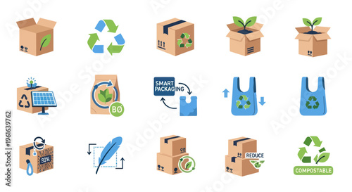 Eco Friendly Packaging Icons: Recycling, Compostable, Sustainable Boxes, Green Energy