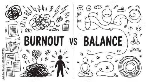 Burnout Vs Balance Concept Illustration For Mental Health And Wellness Campaigns