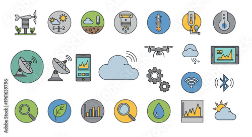Smart Farming Technology Icons: Agriculture, Weather, Drone, IoT, Data Analysis