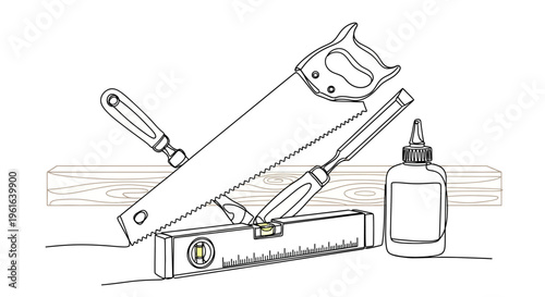 Assortment of woodworking hand tools with wood and glue