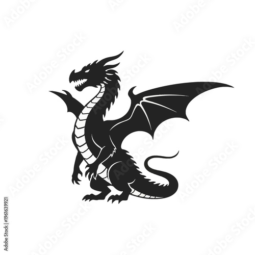 Black dragon silhouette vector illustration featuring a mythical winged creature with sharp horns and a long tail in side profile, isolated on a plain white background.