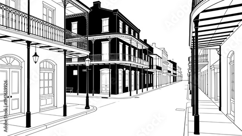 Frenchman Street New Orleans Line Art | Black and White Jazz Street Illustration
