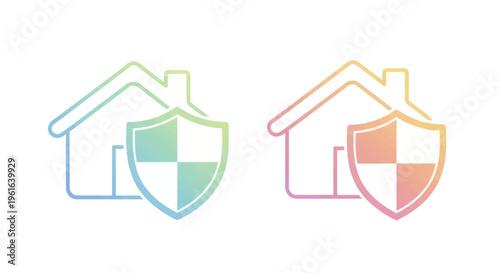 Home Security Icon Set: House and Shield Protection, Gradient Colors