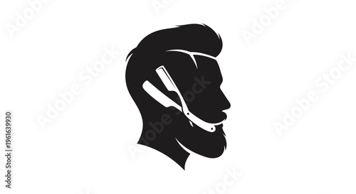 Barber man silhouette with beard and straight razor logo design