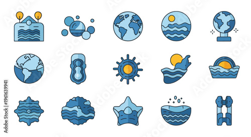 Eco Technology Icons: Planet Earth, Water, Sun, Waves, Molecules, Nature, Environment