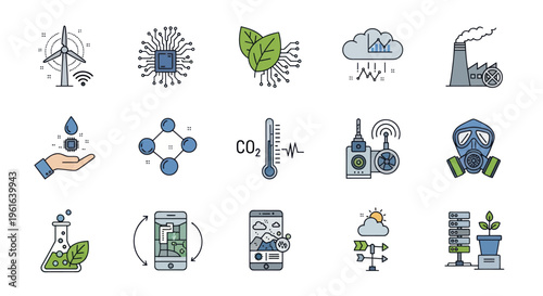 Eco Technology Icons: Green Energy, Smart City, Climate Control, Industry, Science
