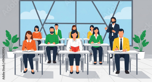 Classroom Scene - Teacher Lecturing Students in a Bright, Modern Learning Environment.