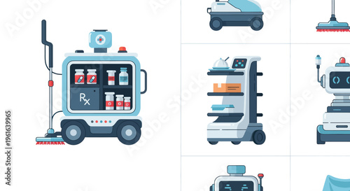 Medical Robot Cart with Pharmacy Supplies and Cleaning Tools