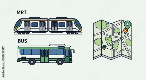 Public Transport Icons: MRT Train, Bus, and Folded Map with Pins