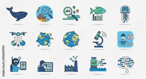 Oceanography and Marine Research Icons: Whale, Fish, Jellyfish, Drone, Globe, Microscope