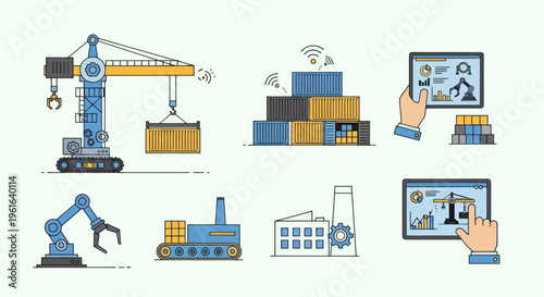 Industrial Automation Icons: Crane, Robot Arm, Containers, Factory, Tablet