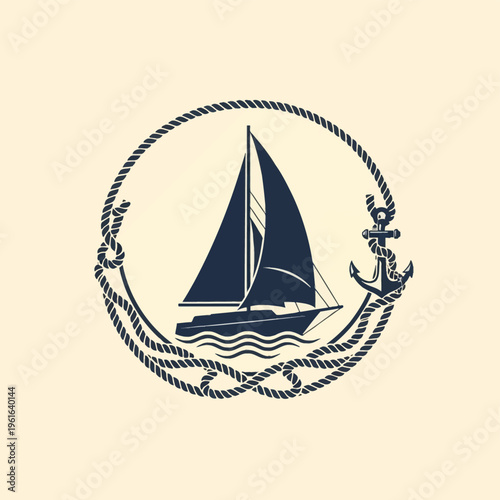 Nautical circular emblem featuring a dark blue sailboat silhouette on stylized waves, enclosed within a twisted rope frame with an anchor detail on the side, off-white background.