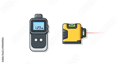 Digital Measuring Device and Laser Level with Red Beam on White Background