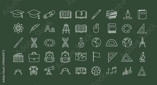 Education icon set with school supplies science tools and graduation symbols on green chalkboard background for e-learning web design student apps and textbooks