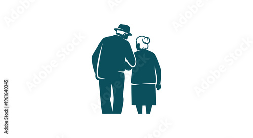Elderly couple walking together arm in arm from behind
