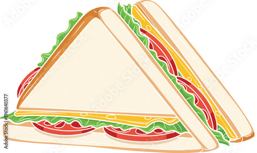 Fresh sandwich vector illustration with cheese lettuce and tomato slices for cafe menu design fast food snacks healthy lunch and deli advertising
