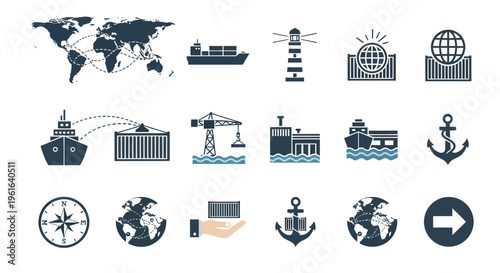 Global Shipping and Logistics Icons: World Map, Container Ship, Lighthouse, Anchor, Globe