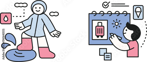 A person slipping on wet floor while another plans sunny vacation with luggage and calendar